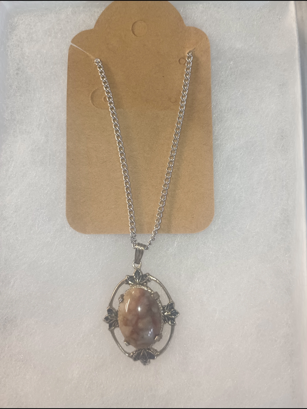 Silver-Tone Floral Frame Pendant Necklace with Brown Marbled Stone